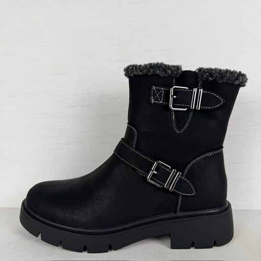 Leatherlook boots met gespjes en teddy randje zwart