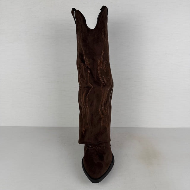 Suèdine cowboylaarzen met flap en sierrits bruin