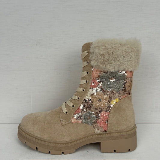 Veterboots met shiny bloemenprint beige