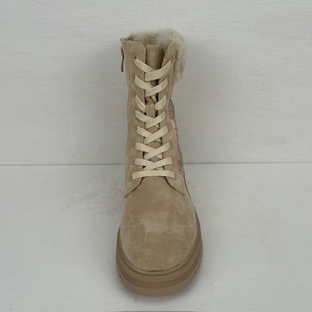 Veterboots met shiny bloemenprint beige