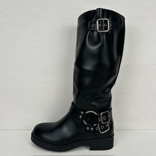 Hoge leatherlook laars met siergespjes zwart