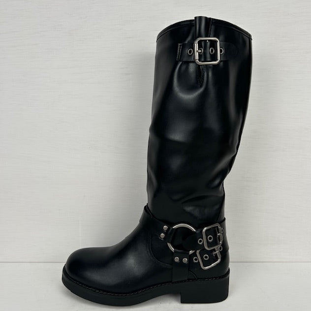 Hoge leatherlook laars met siergespjes zwart