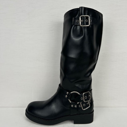 Hoge leatherlook laars met siergespjes zwart
