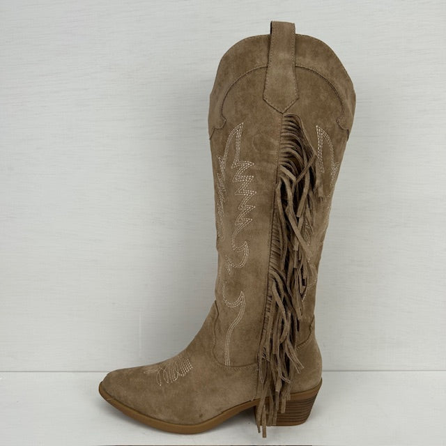 Suèdine cowboylaarzen met franjes en stiksel khaki