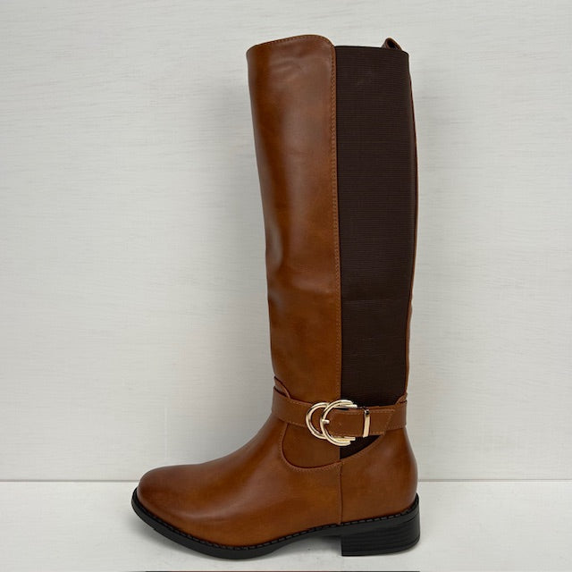 Leatherlook laarzen met elastiek en gespje camel