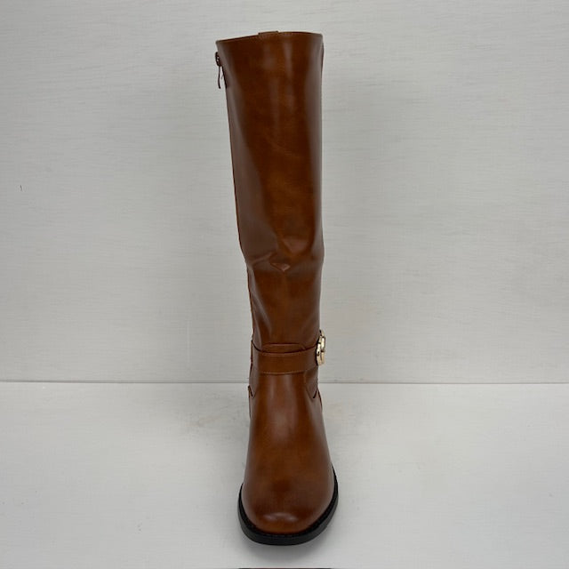 Leatherlook laarzen met elastiek en gespje camel