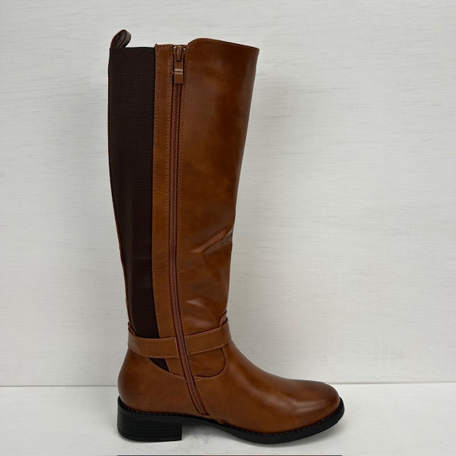 Leatherlook laarzen met elastiek en gespje camel