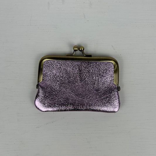 Real leather portemonneetje met knip metallic lila