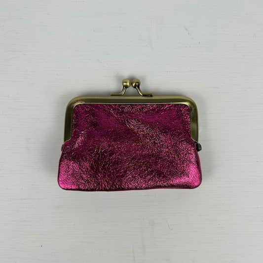 Real leather portemonneetje met knip metallic roze