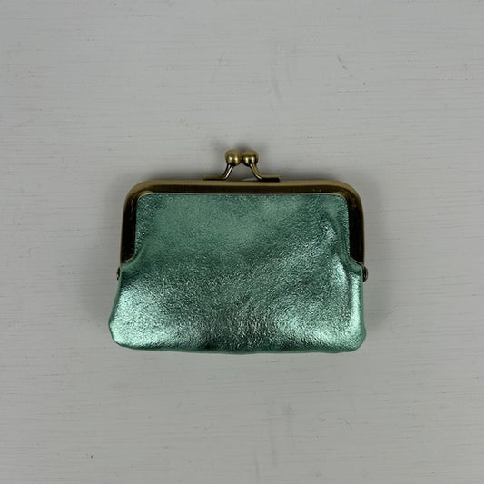 Real leather portemonneetje met knip metallic groen