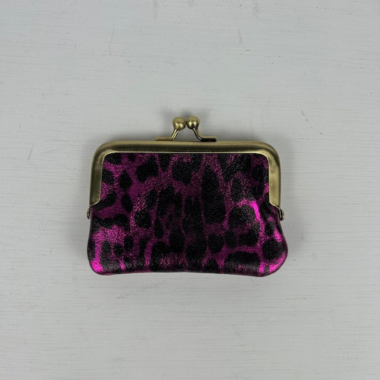 Real leather portemonneetje met knip roze leopard