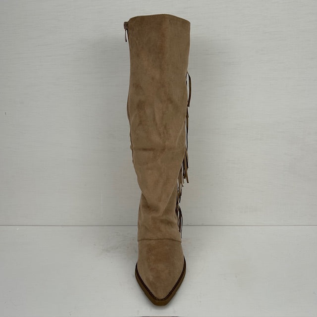Suèdine cowboylaarzen met franjes en hoge hak khaki