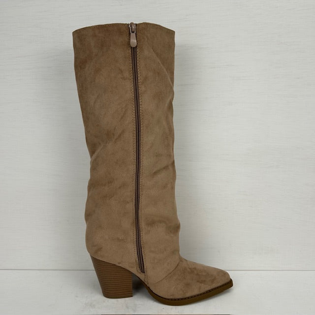 Suèdine cowboylaarzen met franjes en hoge hak khaki