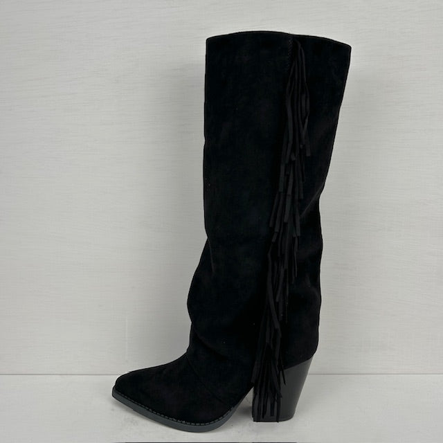 Suèdine cowboylaarzen met franjes en hoge hak zwart