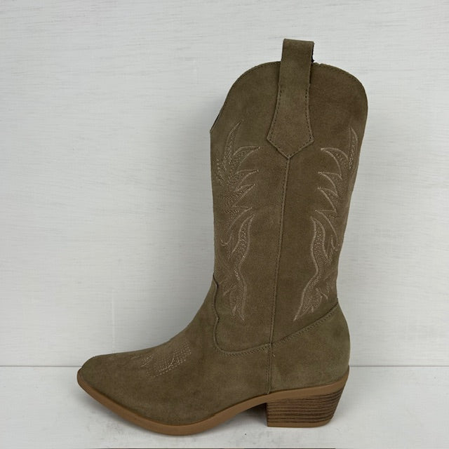 Real leather cowboylaarzen met leuk stiksel olive