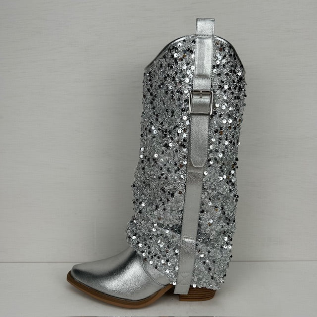 Cowboylaarzen met glitter flap zilver