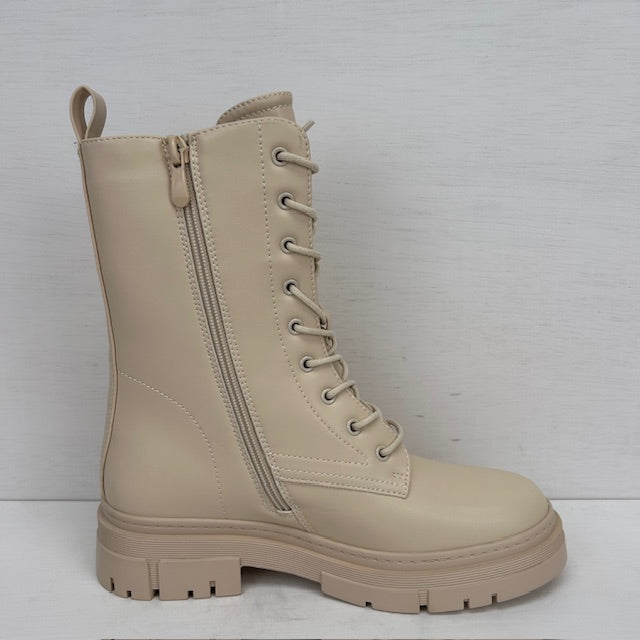 Hoge leatherlook veterboots beige