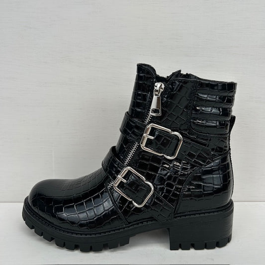 Croco enkellaarsjes met gespjes lak zwart