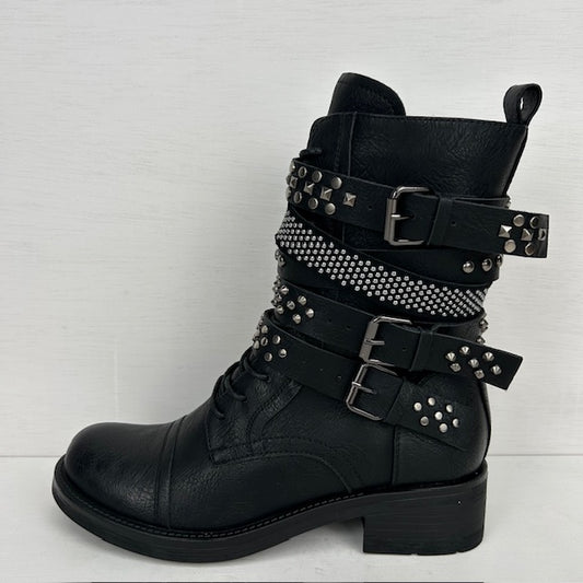 Stoere leatherlook laarzen met gespjes zwart