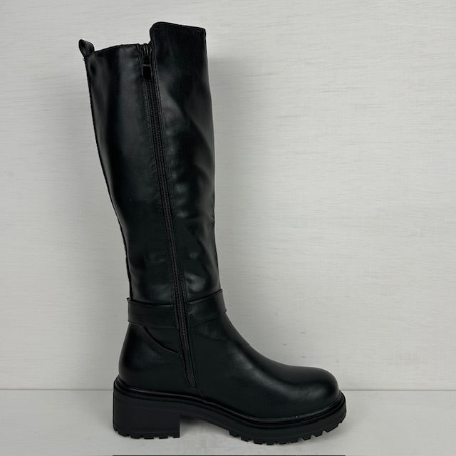 Leatherlook laarzen met elastiek en bandje zwart