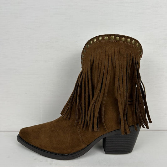 Laag cowboylaarsje met franjes en studs bruin