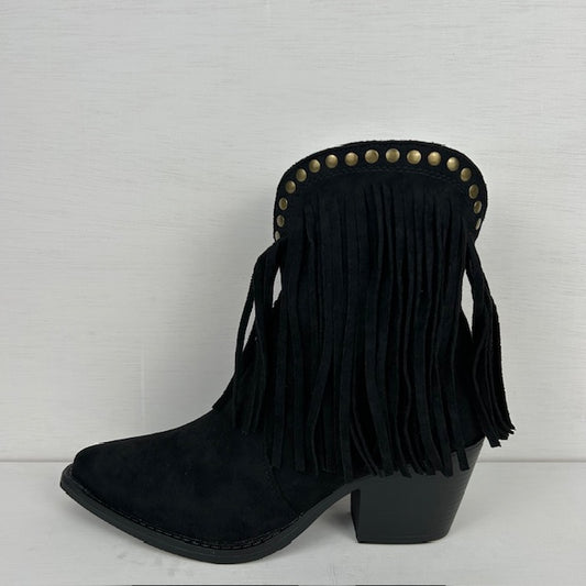 Laag cowboylaarsje met franjes en studs zwart