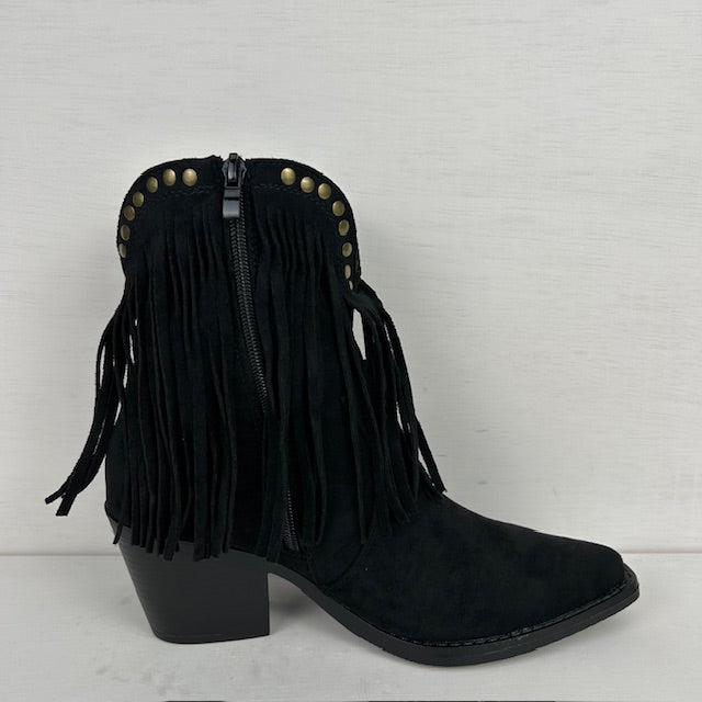 Laag cowboylaarsje met franjes en studs zwart