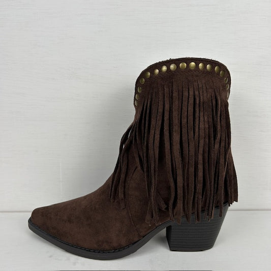Laag cowboylaarsje met franjes en studs donkerbruin