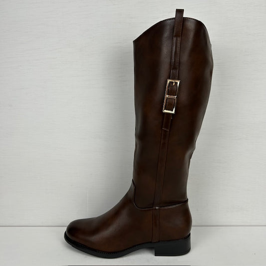 Leatherlook laarzen met gespje en lage hak bruin