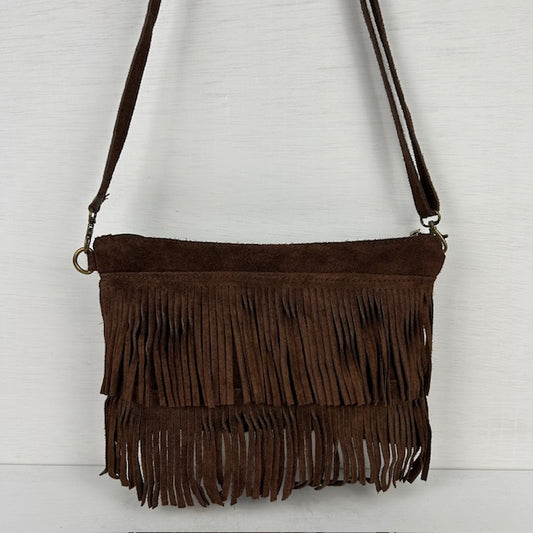 Real leather schoudertasje met leuke franjes bruin