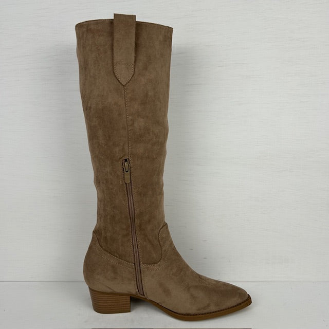 Hoge suèdine cowboylaarzen met lage hak taupe