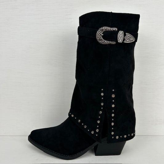 Suèdine cowboylaars met sierlijke flap zwart