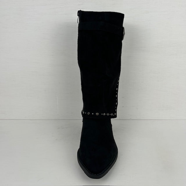 Suèdine cowboylaars met sierlijke flap zwart