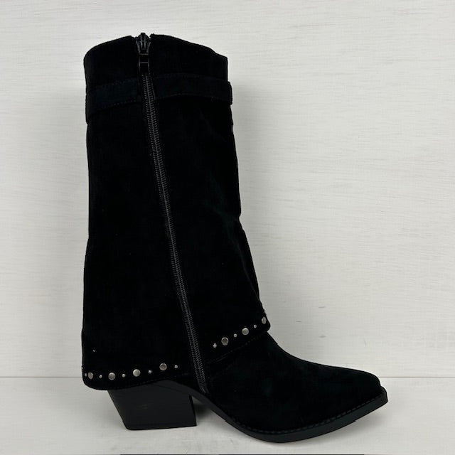 Suèdine cowboylaars met sierlijke flap zwart