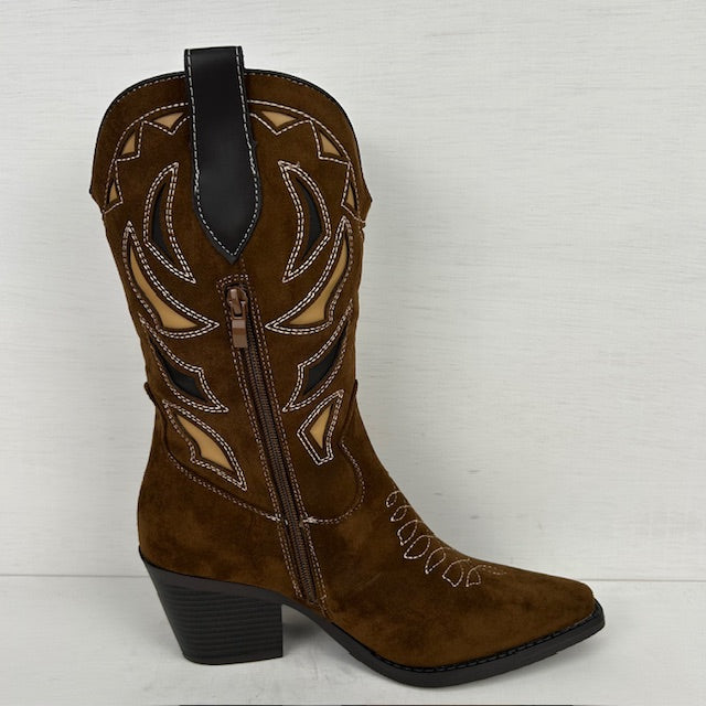 Suèdine cowboylaarzen met leatherlook details bruin