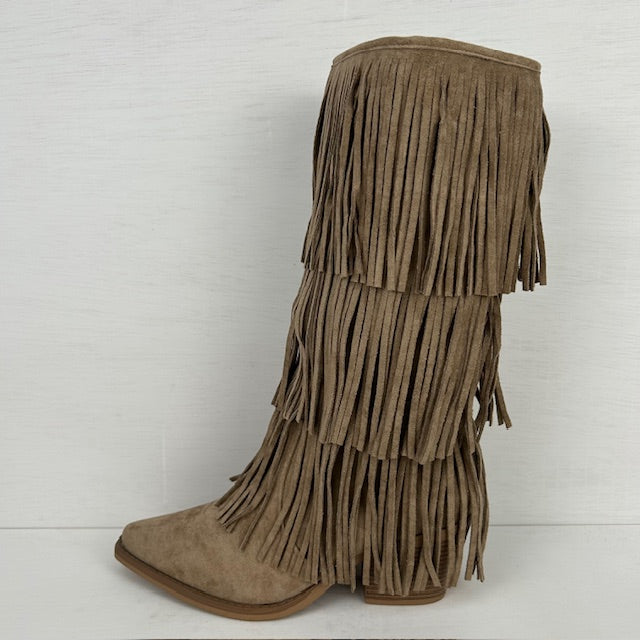 Trendy suèdine cowboylaarzen met franjes khaki