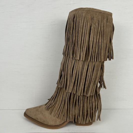 Trendy suèdine cowboylaarzen met franjes khaki