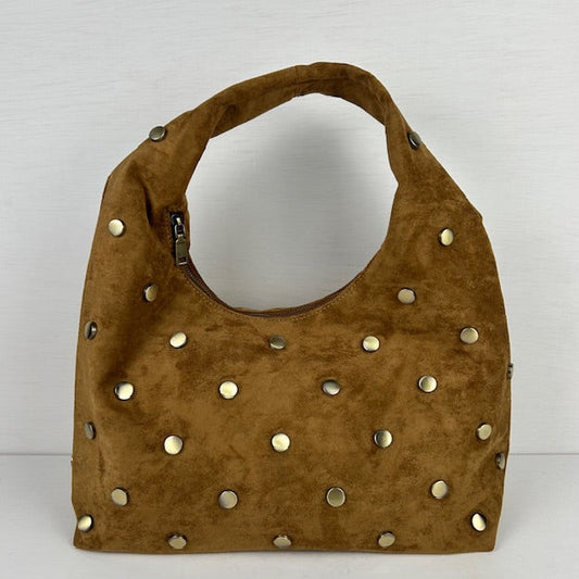 Trendy schoudertas met studs camel