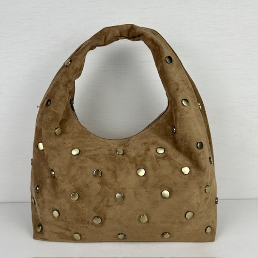 Trendy schoudertas met studs taupe