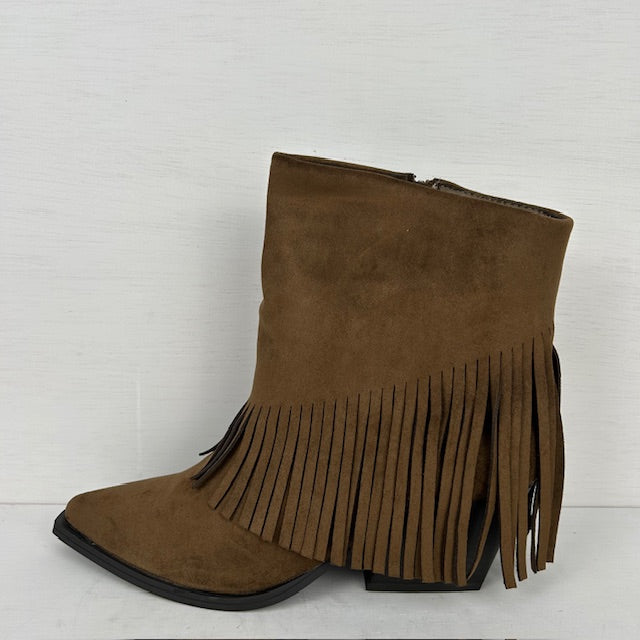 Suèdine cowboylaarsjes met franjes donker taupe