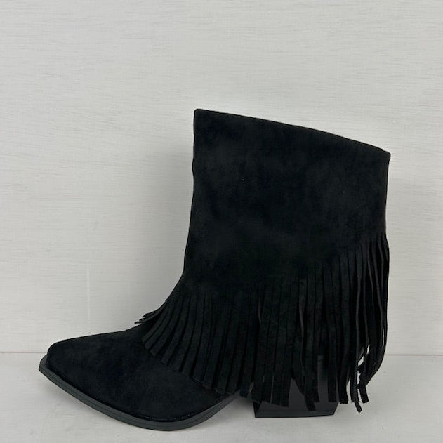 Suèdine cowboylaarsjes met franjes zwart