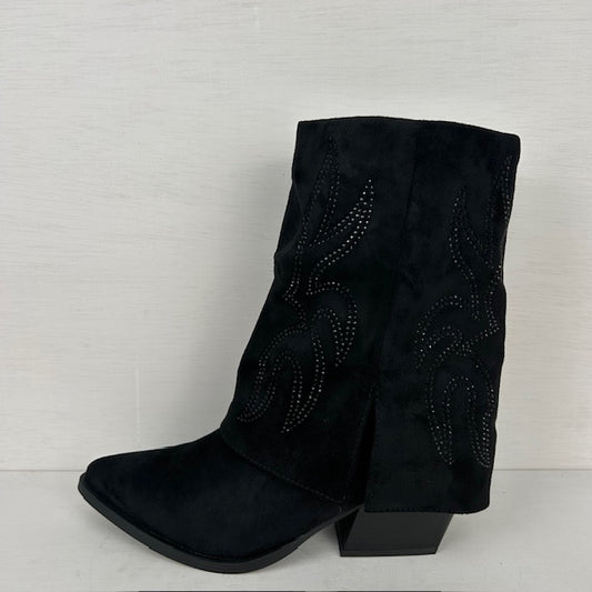 Suèdine cowboylaarsjes met shiny flap zwart