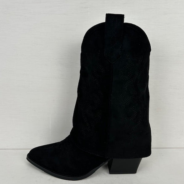 Suèdine cowboylaarsjes met trendy flap zwart