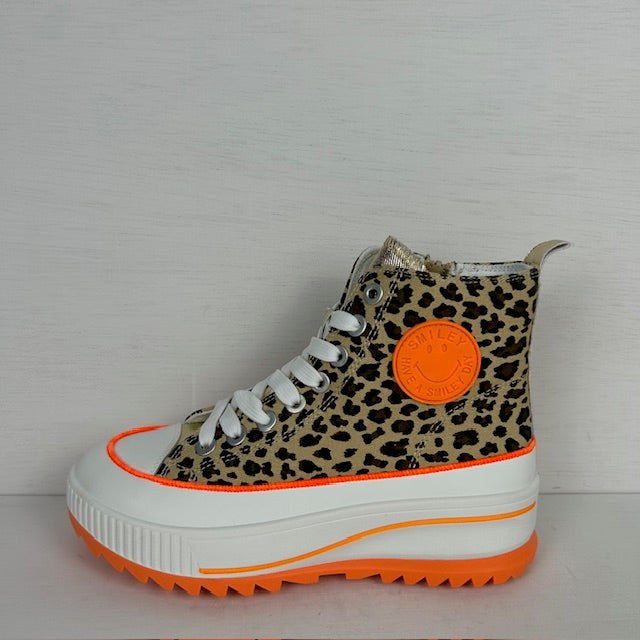 Smiley sneakers met hoge zool panter oranje