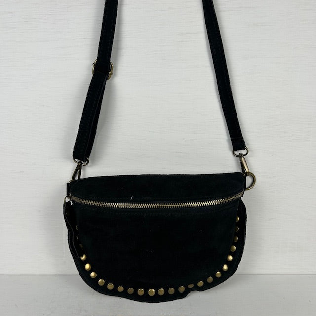 Real leather schoudertasje met studs zwart