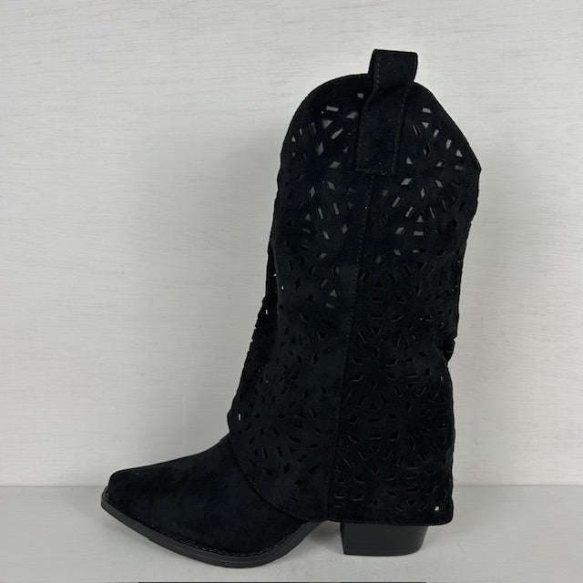 Suèdine cowboylaarzen met flap een gaatjes motief zwart