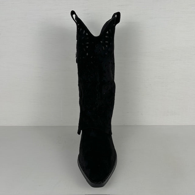 Suèdine cowboylaarzen met flap een gaatjes motief zwart