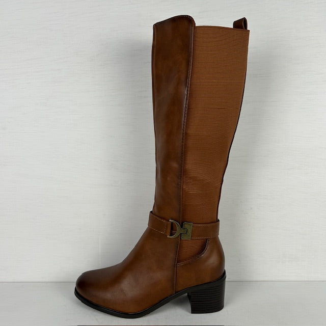 Leatherlook laarzen met elastiek en stevige hak camel