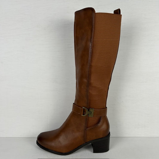 Leatherlook laarzen met elastiek en stevige hak camel