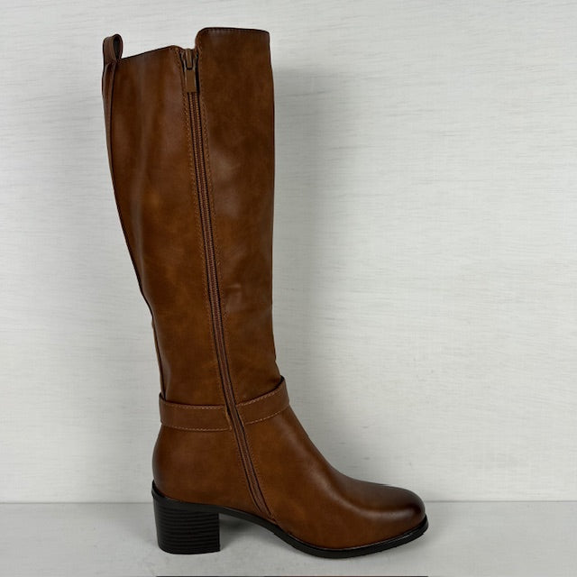 Leatherlook laarzen met elastiek en stevige hak camel